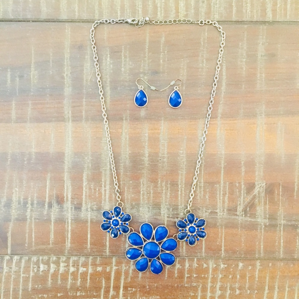Blue necklace with matching earrings